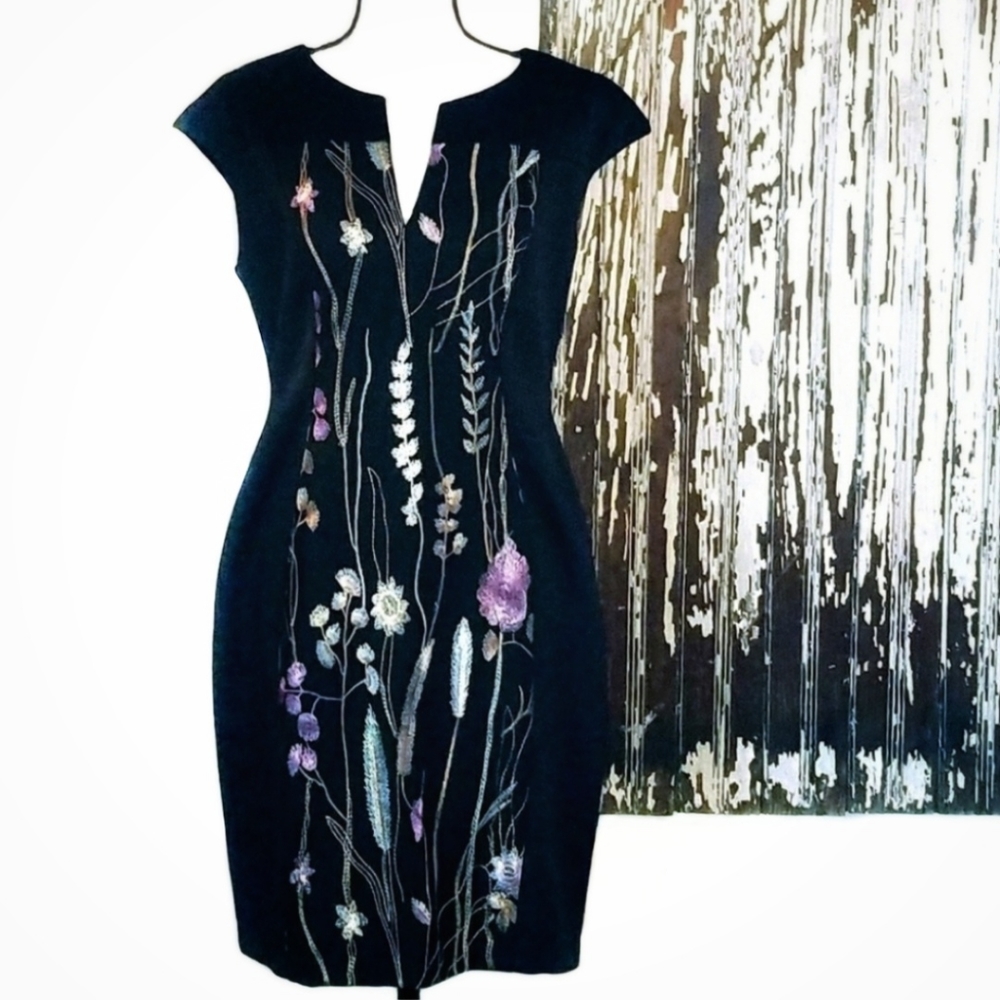 Connected Apparel Embroidered Floral Panel Dress Black Size 8P
